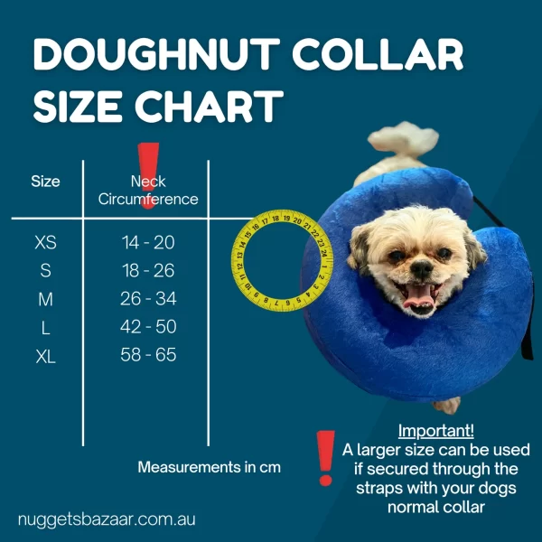 Size chart for Healing Halo Inflatable Recovery Collar featuring neck circumference measurements and an example on a small dog.