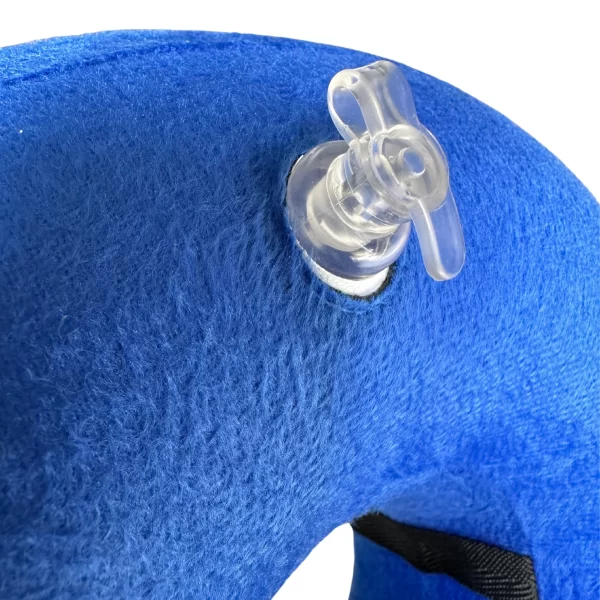 Close-up of the inflation valve on Healing Halo Inflatable Recovery Collar, demonstrating the easy-to-inflate feature for quick setup.