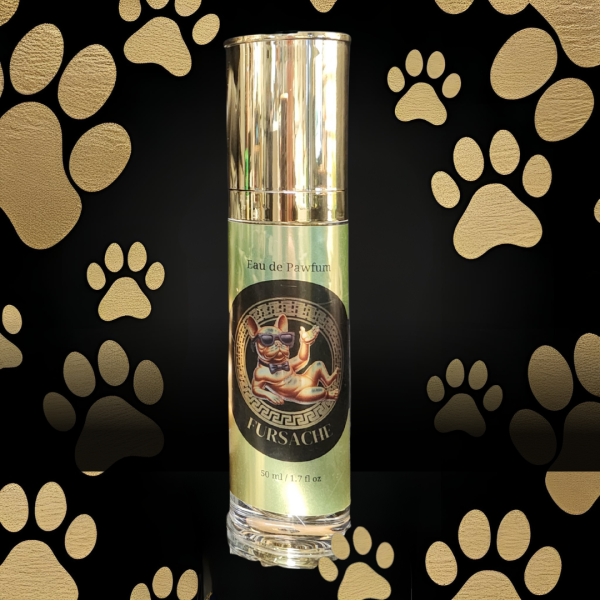 Fursache dog deodoriser spray – Eau de Pawfum bottle front view, 50ml with gold cap